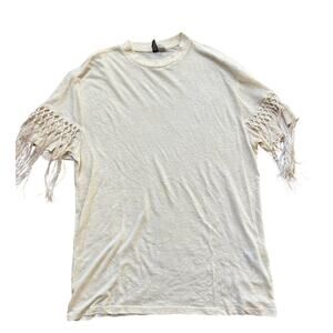 ASOS Fringe T Shirt Macrame Sleeve‎ Boho Modern Womens Size Medium Cream Beige